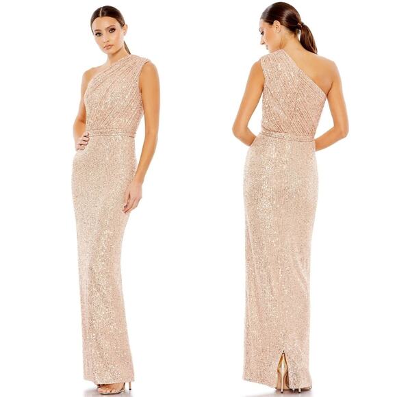 Mac Duggal Sequin Ruched One Shoulder Gown 16 Gold NWT - Picture 1 of 10